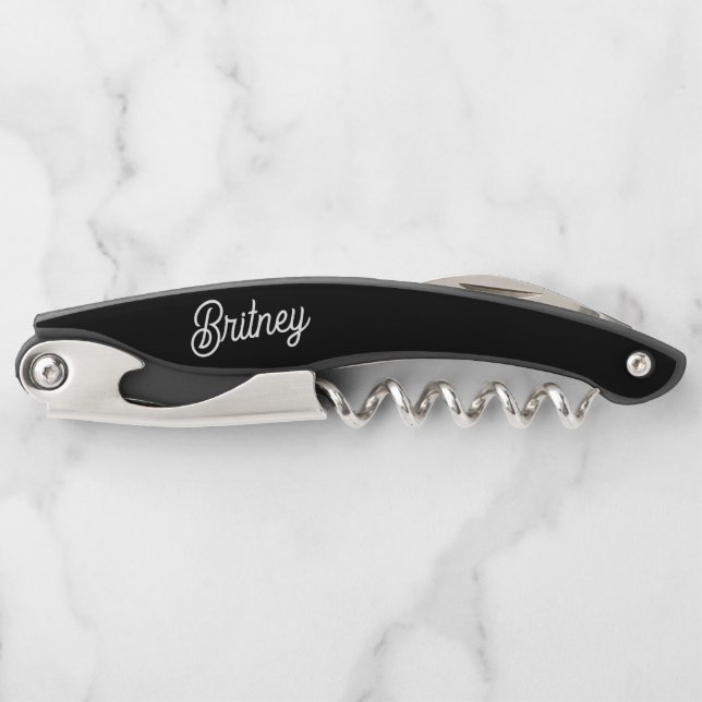 Modern Black White Personalised Monogram and Name  Corkscrew (Front)