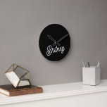 Modern Black White Personalised Monogram and Name  Round Clock<br><div class="desc">The Modern Black White Personalised Monogram and Name Clock would be a chic and functional addition to any room. The elegant black and white design, featuring personalised details, adds a touch of sophistication while providing a practical timekeeping solution. It’s perfect for enhancing your home decor or as a thoughtful gift....</div>