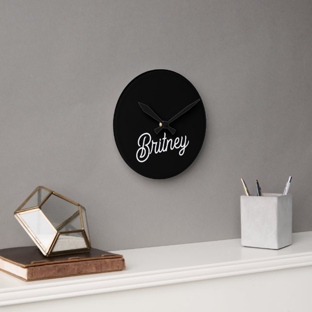 Modern Black White Personalised Monogram and Name  Round Clock (Office)
