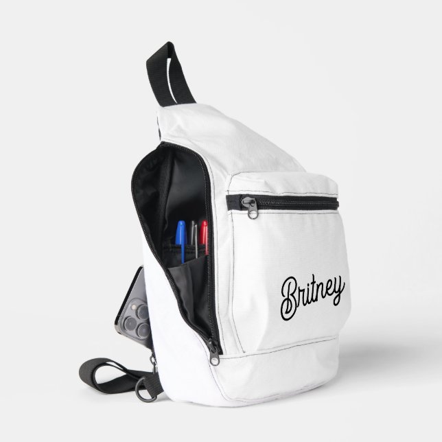 Modern Black White Personalised Monogram and Name  Sling Bag (Open)