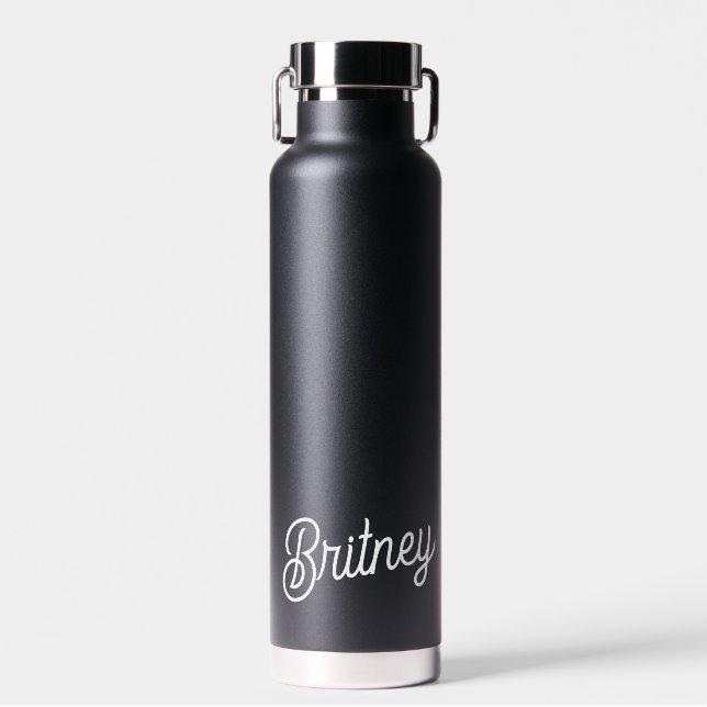 Modern Black White Personalised Monogram and Name  Water Bottle (Front)
