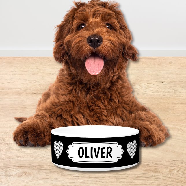Modern Black & White Personalised Name Dog Bowl (CUSTOM DOG BOWL IN SIMPLE BLACK & WHITE MINIMAL DESIGN)