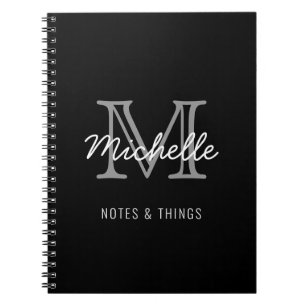Modern Black White Personalised Name Monogrammed Notebook
