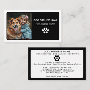 Modern Black White Pet Sitting Photo Paw Print Business Card