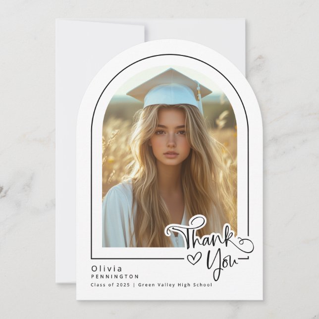 Modern Black White Photo Graduation Thank You Card (Front)