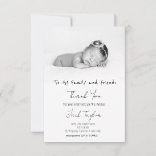 Modern Black White Photo Handwriting Baby Birth Thank You Card