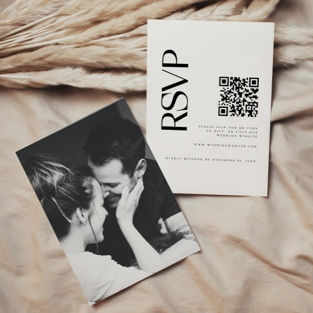 Modern Black & White Photo QR Code Wedding RSVP Card (Creator Uploaded)