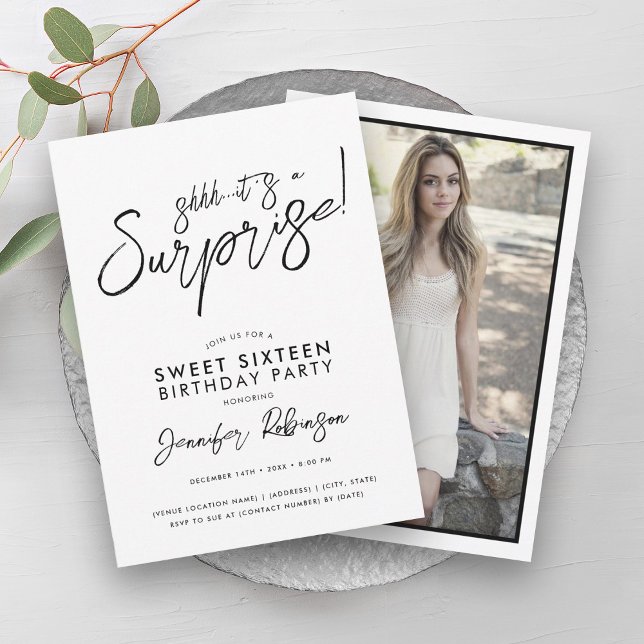 Modern Black & White Photo Surprise Sweet 16 Invitation (Modern Black & White Photo Surprise Sweet 16 Invitation)