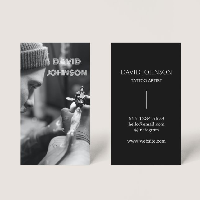 Modern Black & White Photo Tattoo Artist Salon Business Card (Creator Uploaded)