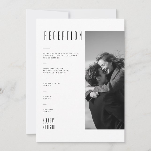 Modern Black & White Photo Wedding Reception Card (Front)
