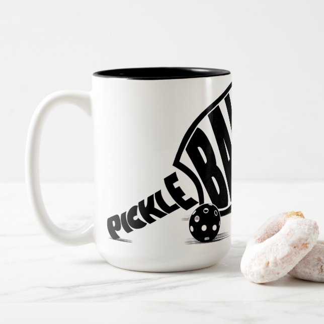 Modern Black White Pickleball Paddle Two-Tone Coffee Mug (With Donut)