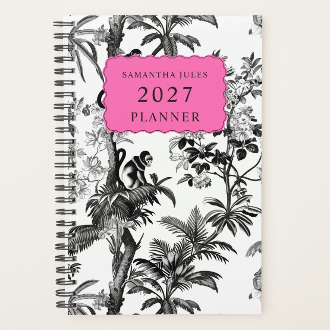 Modern Black White Pink Tropical Monkey Pattern Planner (Front)