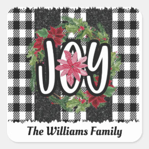Modern Black White Plaid Christmas Joy Square Sticker