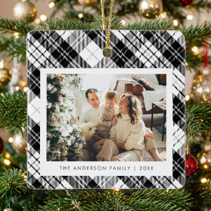 Modern Black White Plaid Family Photo Christmas Ceramic Ornament