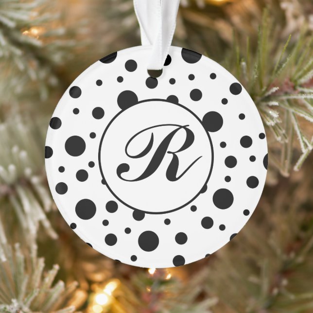 Modern Black White Polka Dot Monogram Ornament (Tree)