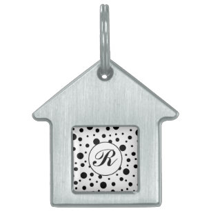 Modern Black White Polka Dot Monogram Pet ID Tag