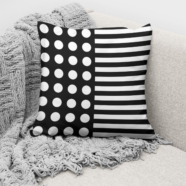 Modern Black White Polka Dots And Stripes Pattern Cushion