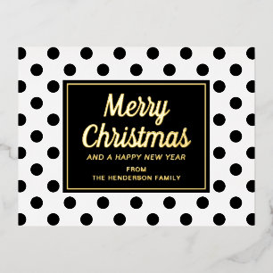 Modern Black White Polka Dots Merry Christmas Gold Foil Holiday Postcard