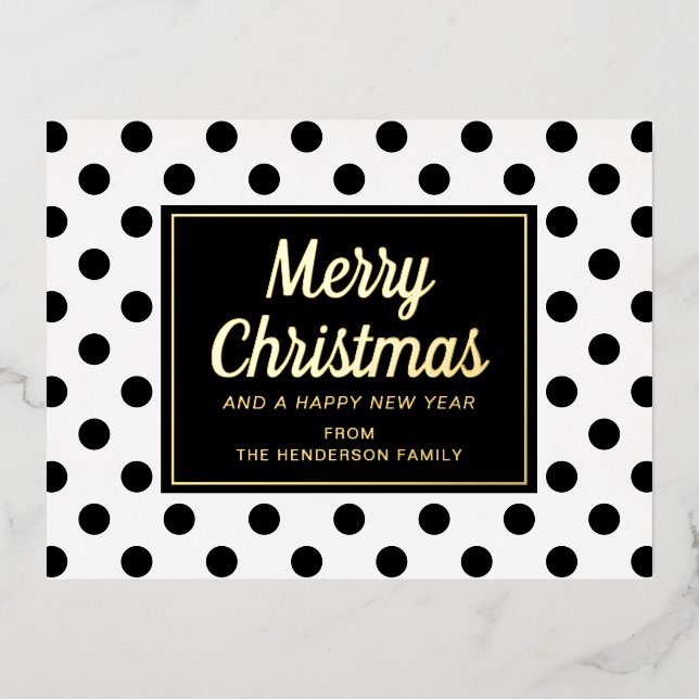 Modern Black White Polka Dots Merry Christmas Gold Foil Holiday Postcard (Front)