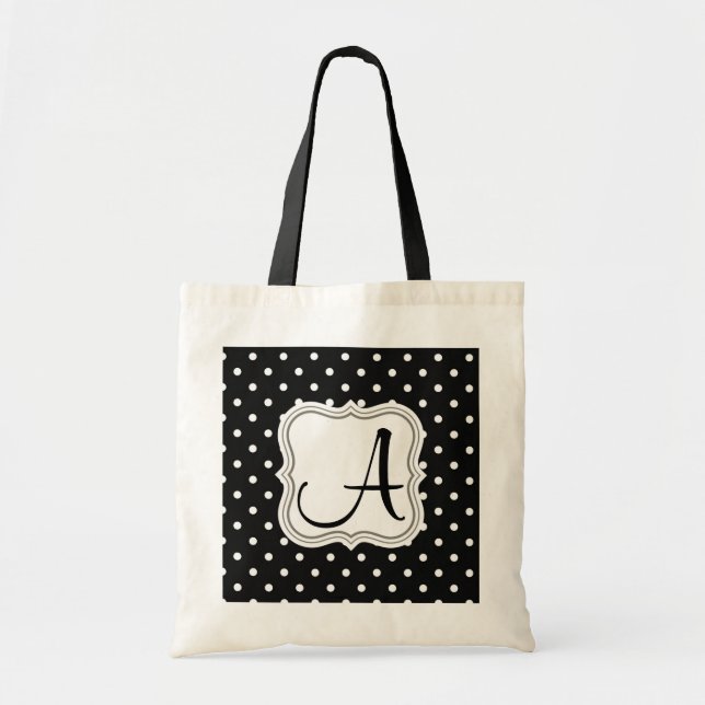 Modern black white polka dots monogrammed tote bag (Front)