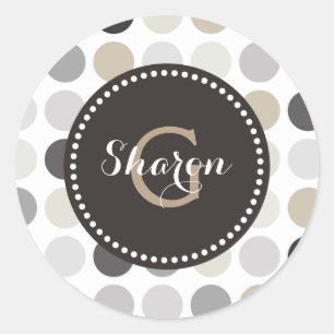 Modern black white polka dots pattern monogram classic round sticker