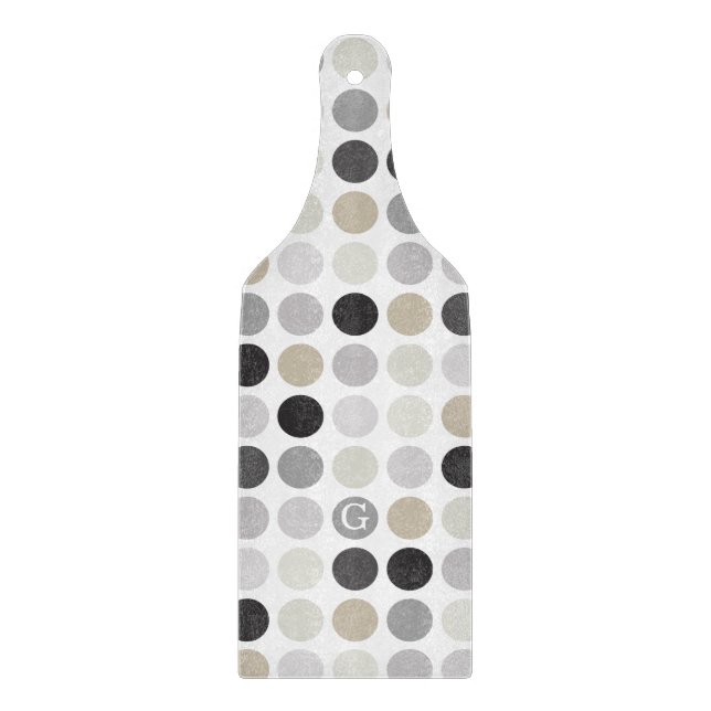 Modern black white polka dots pattern monogram cutting board (Front)