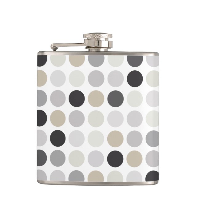 Modern black white polka dots pattern monogram hip flask (Front)