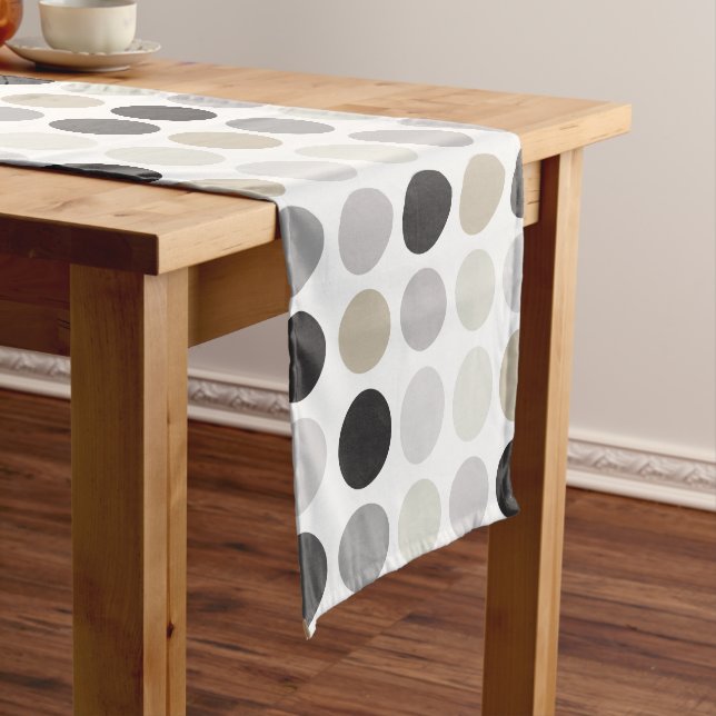 Modern black white polka dots pattern monogram short table runner (In Situ)