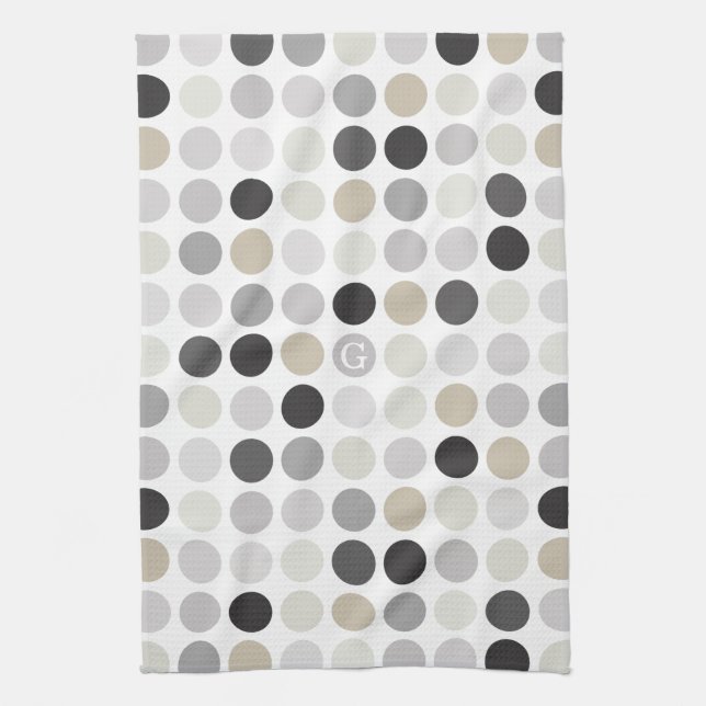 Modern black white polka dots pattern monogram tea towel (Vertical)