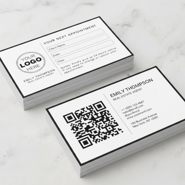 Modern Black White QR Code Appointment Reminder Card (Minimalist QR Code Appointment Reminder Business Card)