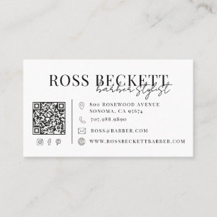 Modern Black White QR Code Barber Business Card