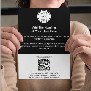 Modern Black  & White QR Code & Business Logo  Flyer