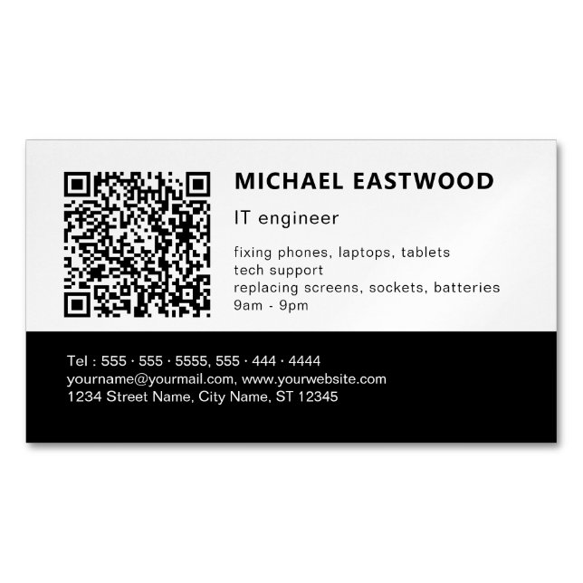 Modern Black White QR Code IT Professional Magnetic Business Card (Front)