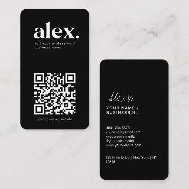 Modern Black & White QR Code Logo Business Card (Front/Back)