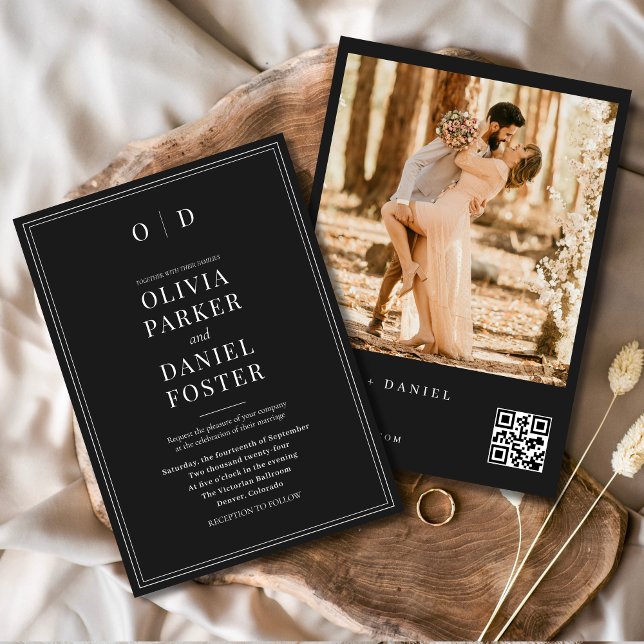 Modern Black White QR Code Photo Wedding Invitation (Creator Uploaded)