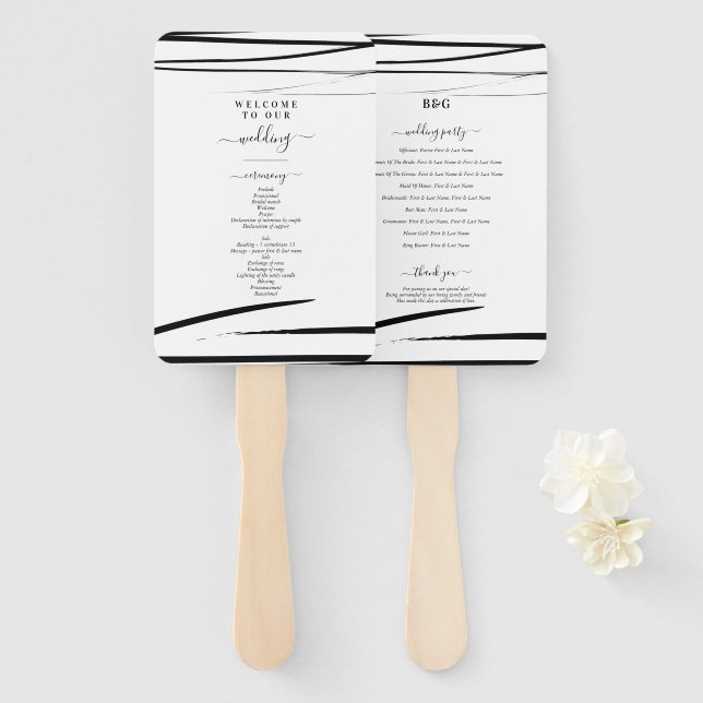 Modern Black White QR Code Wedding Program Hand Fan (Front and Back)