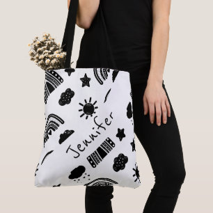 Modern Black White Rainbow Trendy Name Monogram Tote Bag
