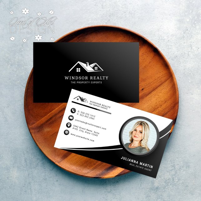 Modern Black & White Real Estate Agent Photo Business Card (Creator Uploaded)