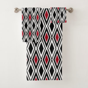 Modern Black White Red Diamond Pattern Bath Towel Set
