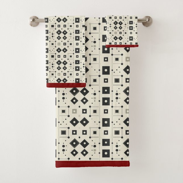 Modern Black White Red Geometric Pattern Bath Towel Set (Insitu)
