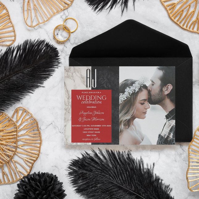 Modern Black White Red Photo Wedding Invitation (Creator Uploaded)