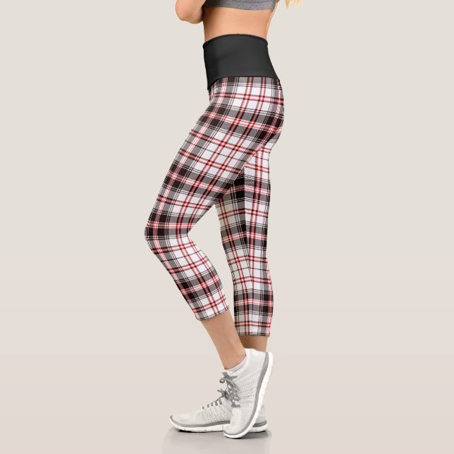 Modern Black White Red Plaid Pattern Capri Leggings (Left)