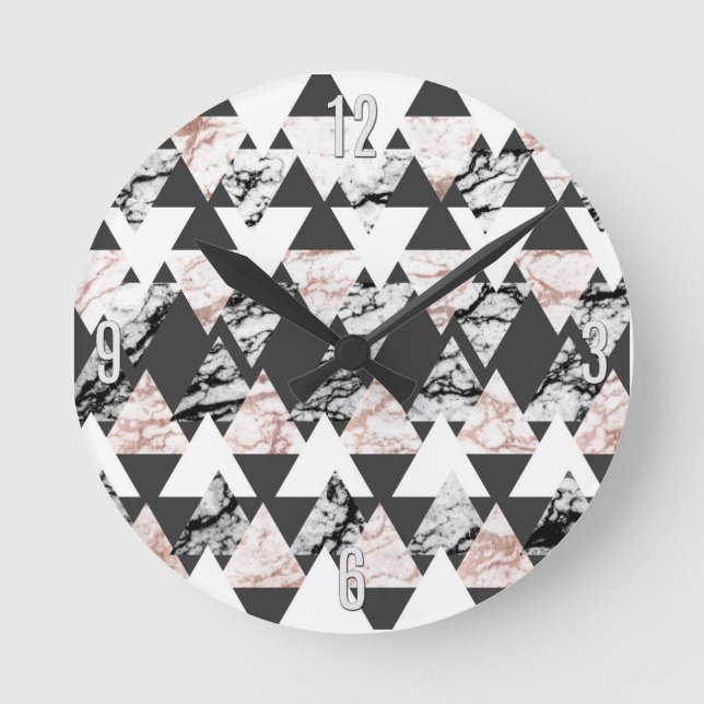Modern Black White Rose Gold Marble Geo Triangles Round Clock (Front)