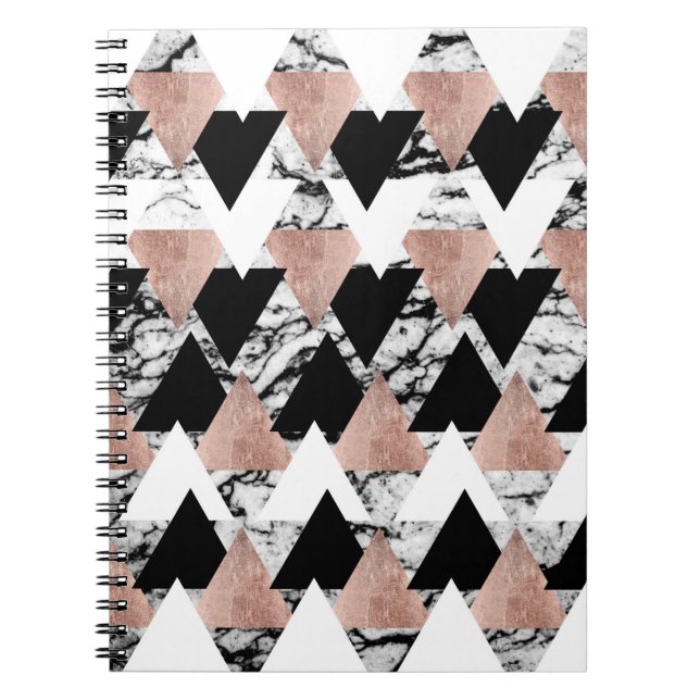 Modern Black White Rose Gold Triangles on Marble Spiral Notebook (Front)
