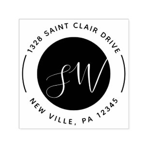 Modern Black White Round Monogram Script Self-inking Stamp