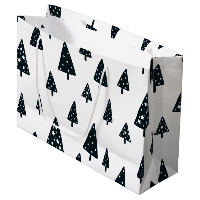 Modern Black & White Scandinavian Christmas Tree Large Gift Bag (Front Angled)