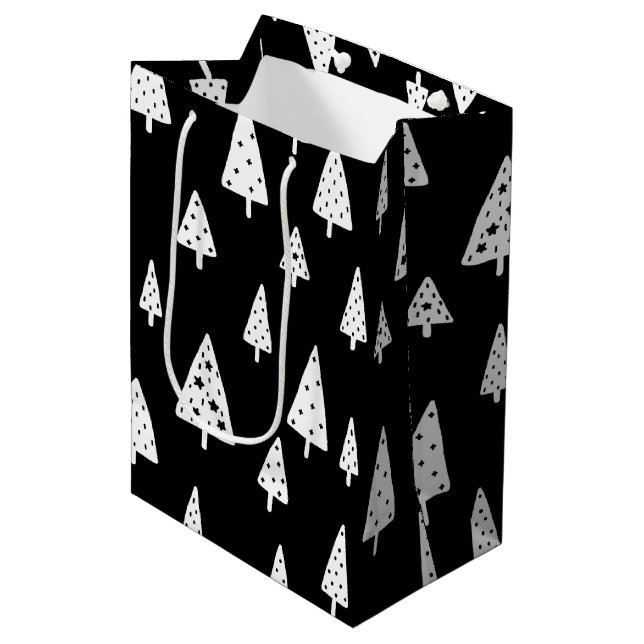 Modern Black & White Scandinavian Christmas Trees Medium Gift Bag (Front Angled)