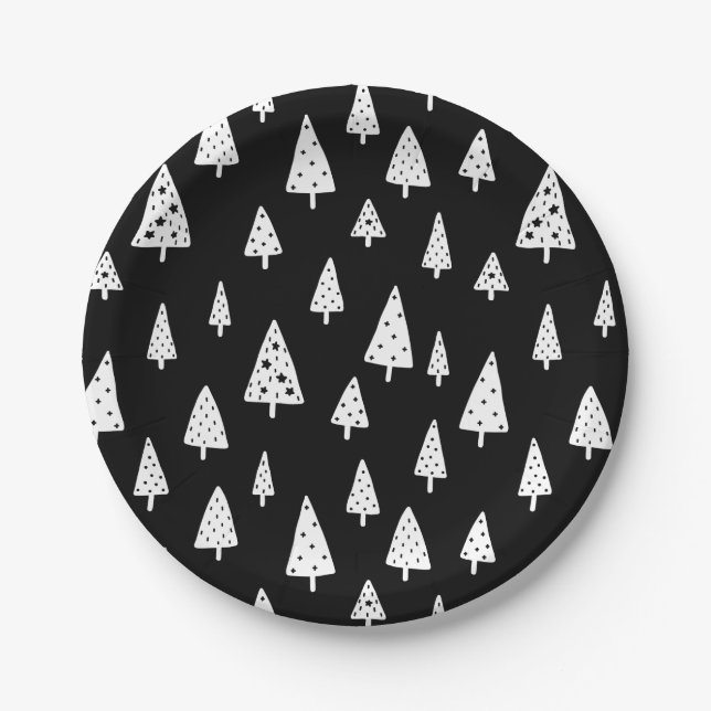Modern Black & White Scandinavian Christmas Trees Paper Plate (Front)