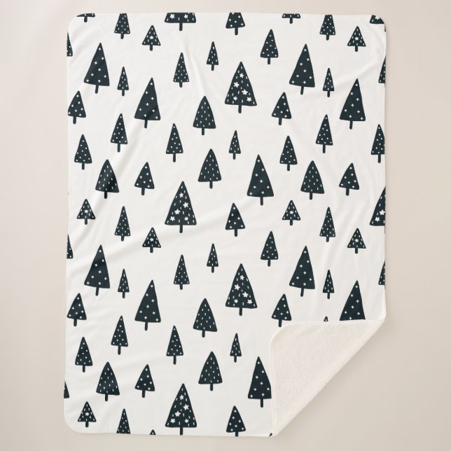 Modern Black & White Scandinavian Christmas Trees Sherpa Blanket (Front)
