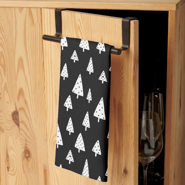 Modern Black & White Scandinavian Christmas Trees Tea Towel (Thirds Fold)